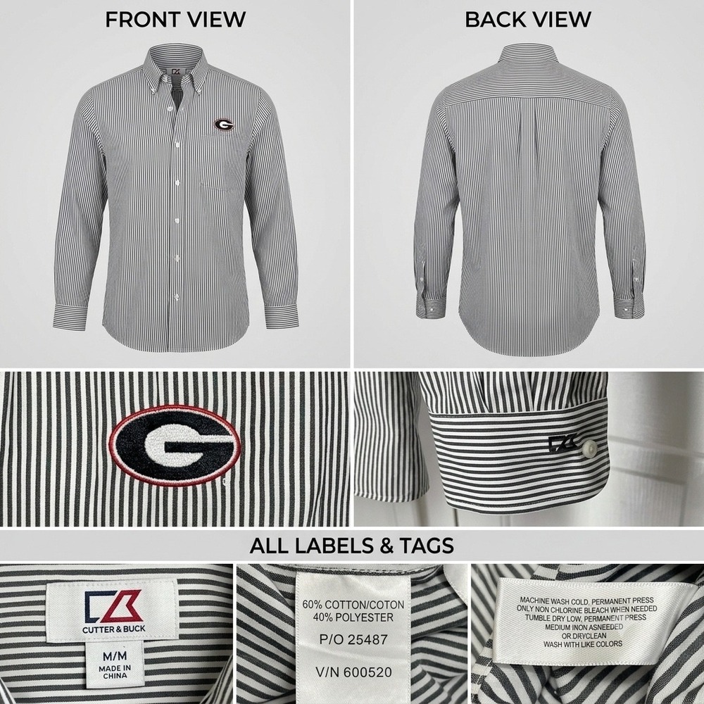 Cutter & Buck Mens UGA Georgia Bulldogs Striped Button Down Shirt Medium Black